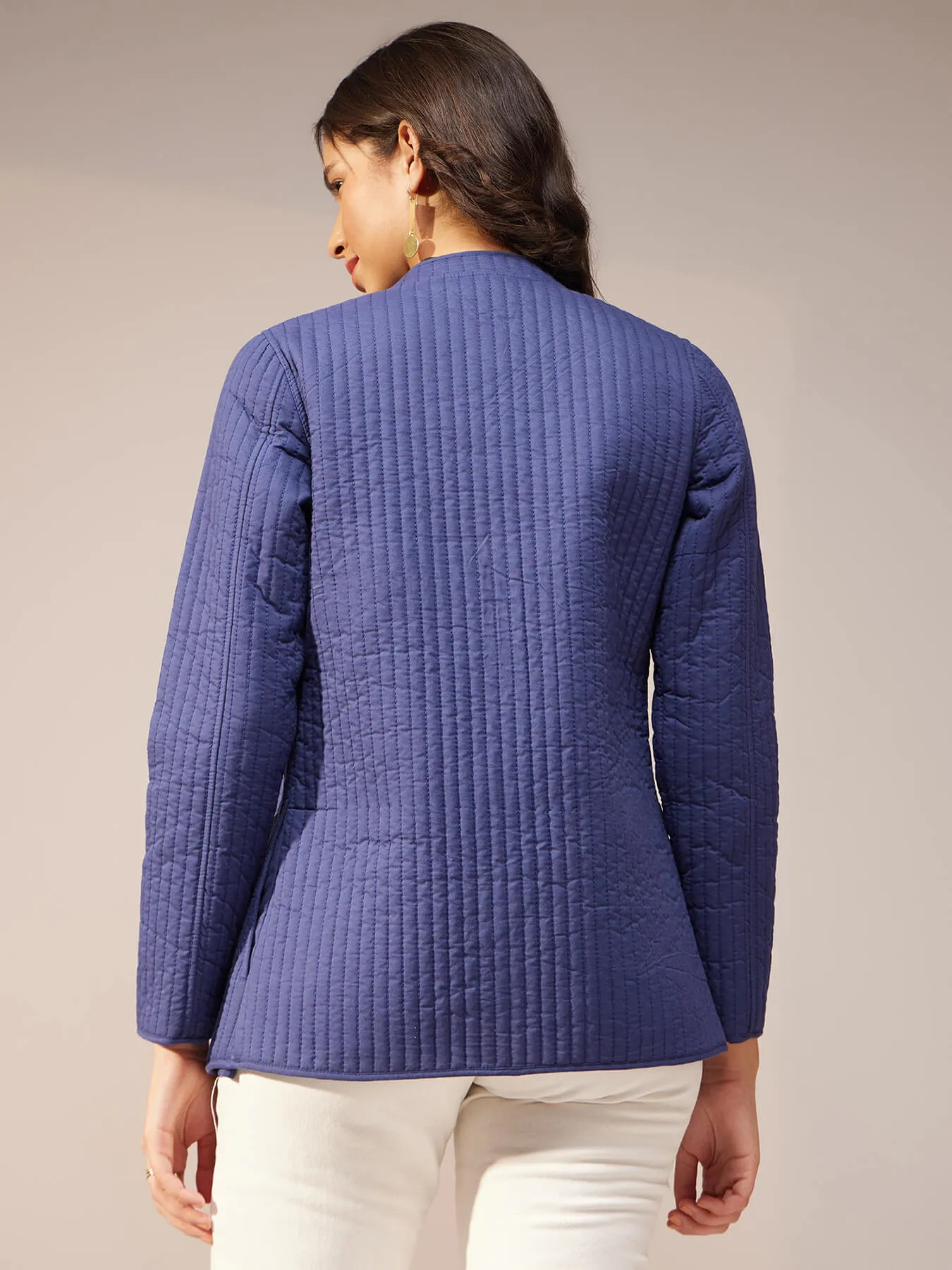Cotton Solid Quilted Jacket - Navy Blue