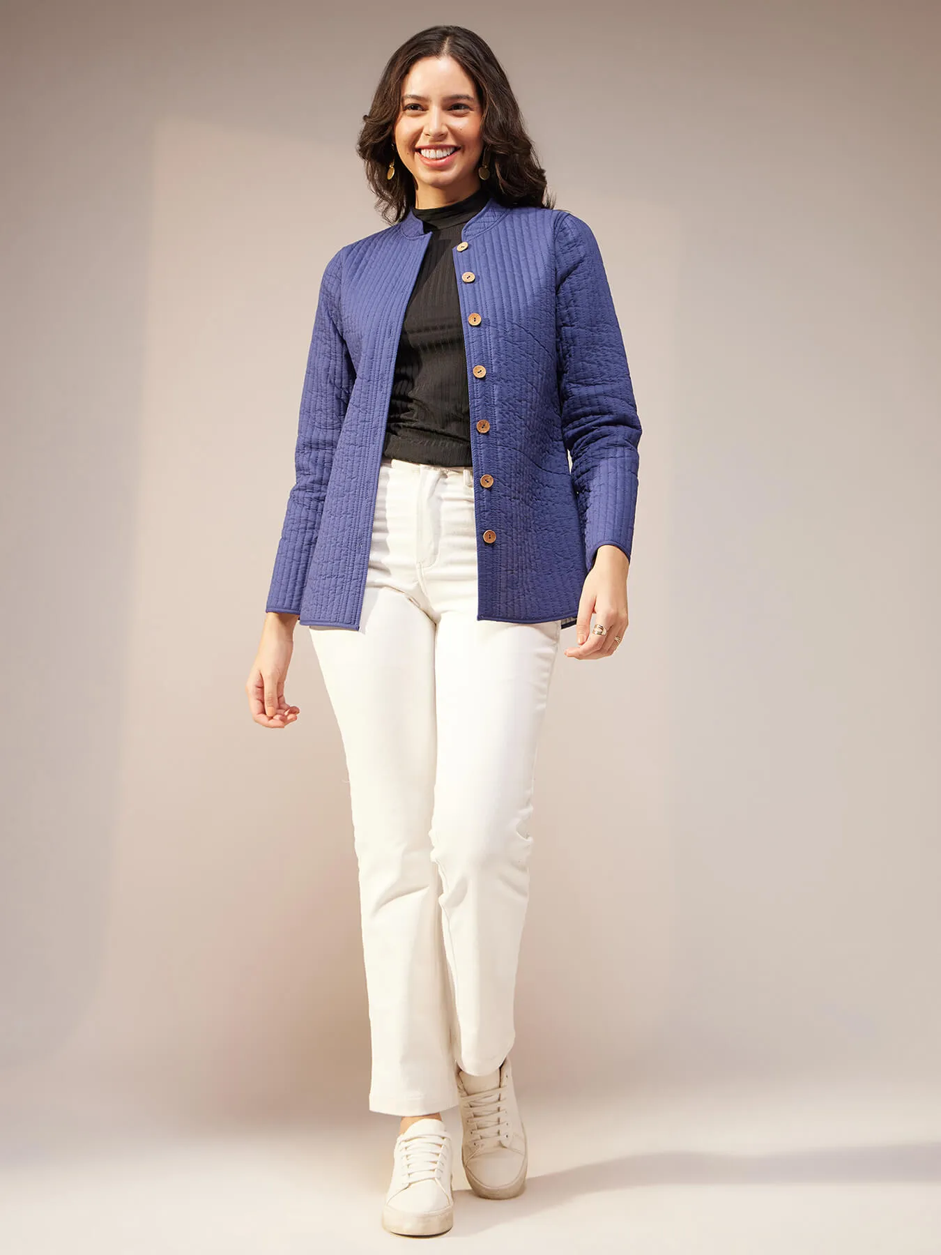 Cotton Solid Quilted Jacket - Navy Blue