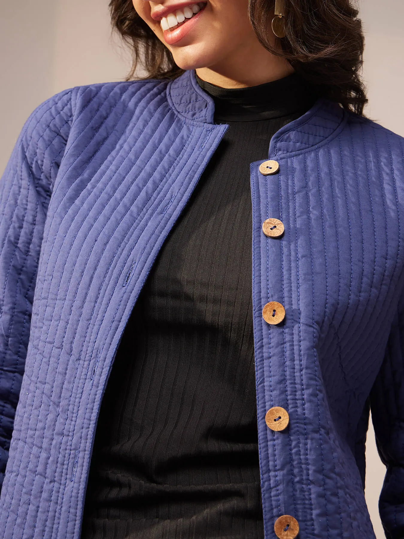 Cotton Solid Quilted Jacket - Navy Blue