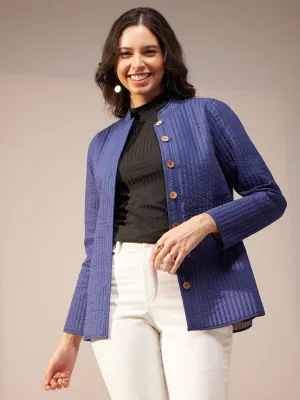 Cotton Solid Quilted Jacket - Navy Blue