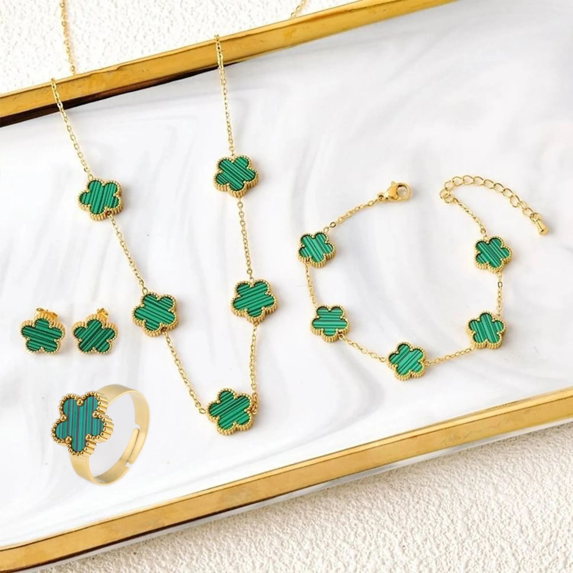 Five Leaf Flower Jewelry Set  Stainless Steel Necklace, Bracelet, Earrings & Ring for Women (4-Piece Luxury Set)