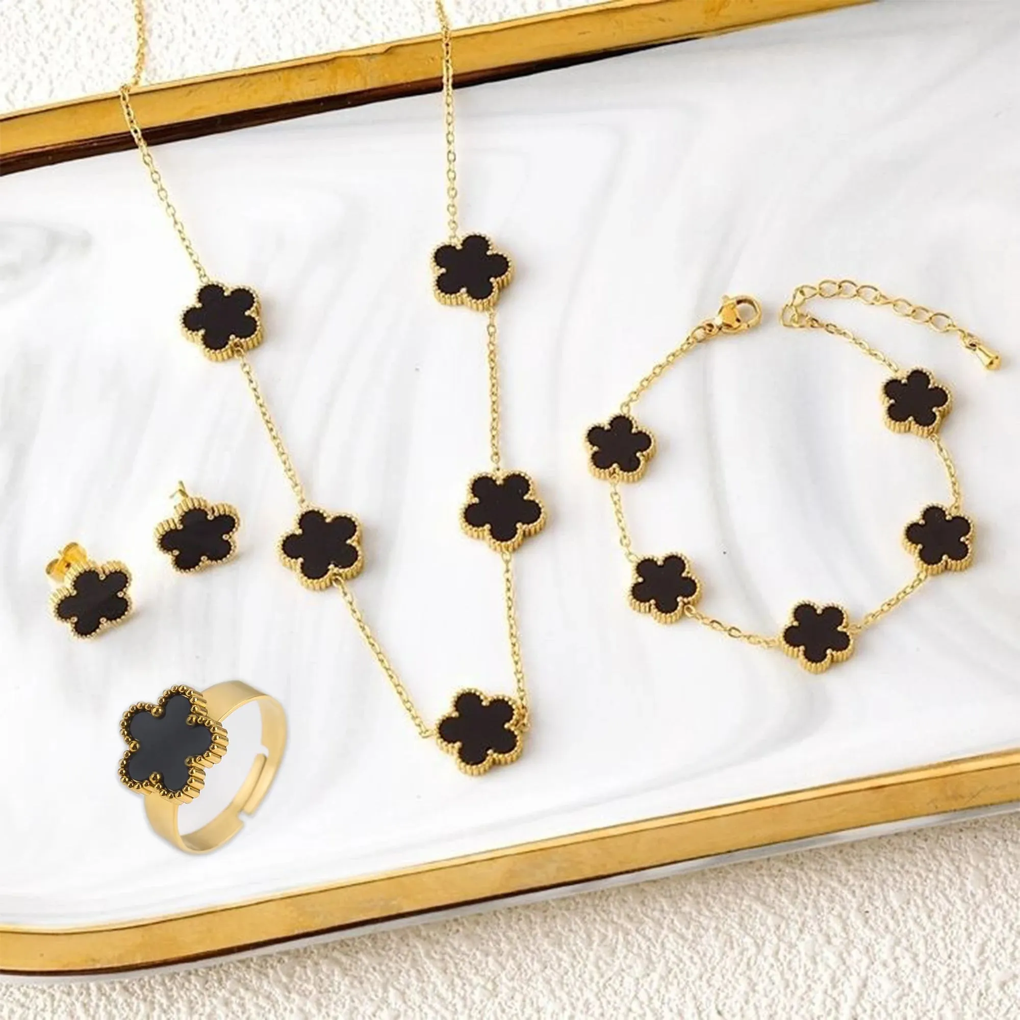 Five Leaf Flower Jewelry Set  Stainless Steel Necklace, Bracelet, Earrings & Ring for Women (4-Piece Luxury Set)