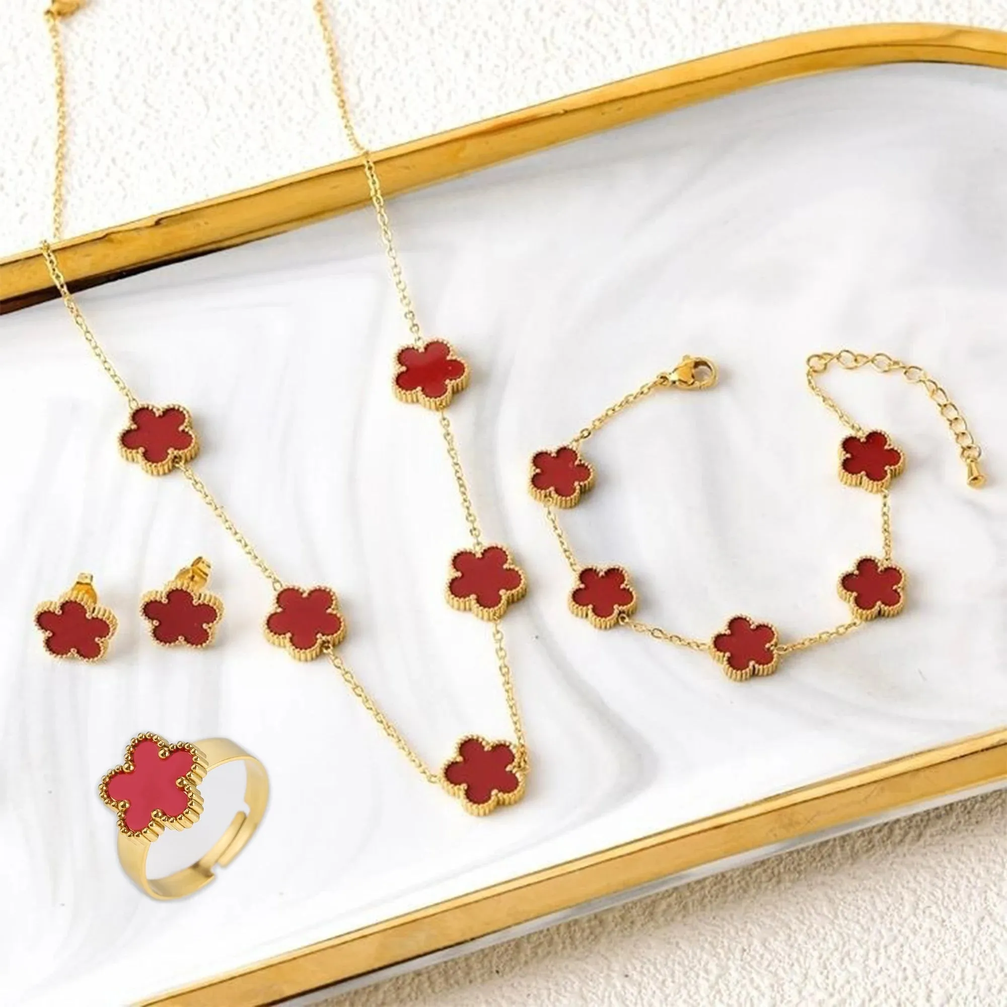 Five Leaf Flower Jewelry Set  Stainless Steel Necklace, Bracelet, Earrings & Ring for Women (4-Piece Luxury Set)