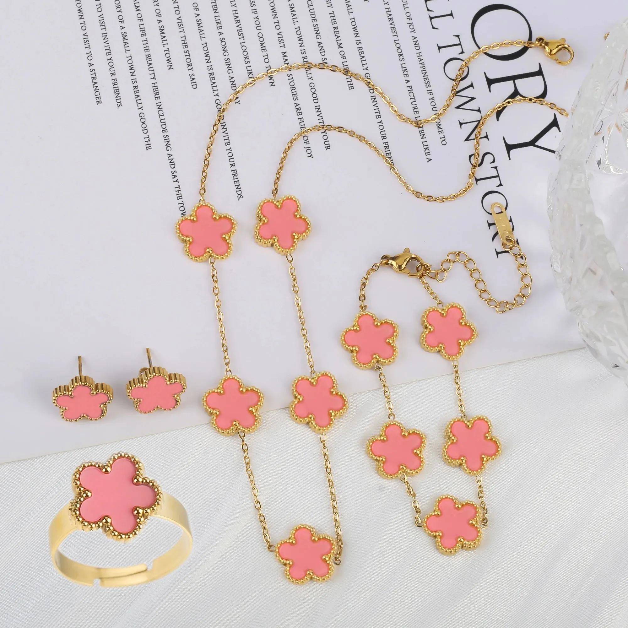 Five Leaf Flower Jewelry Set  Stainless Steel Necklace, Bracelet, Earrings & Ring for Women (4-Piece Luxury Set)