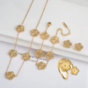 Five Leaf Flower Jewelry Set  Stainless Steel Necklace, Bracelet, Earrings & Ring for Women (4-Piece Luxury Set)