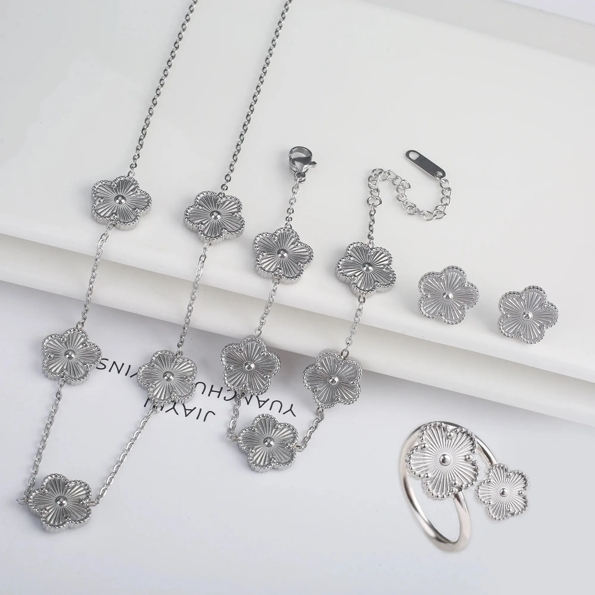Five Leaf Flower Jewelry Set  Stainless Steel Necklace, Bracelet, Earrings & Ring for Women (4-Piece Luxury Set)