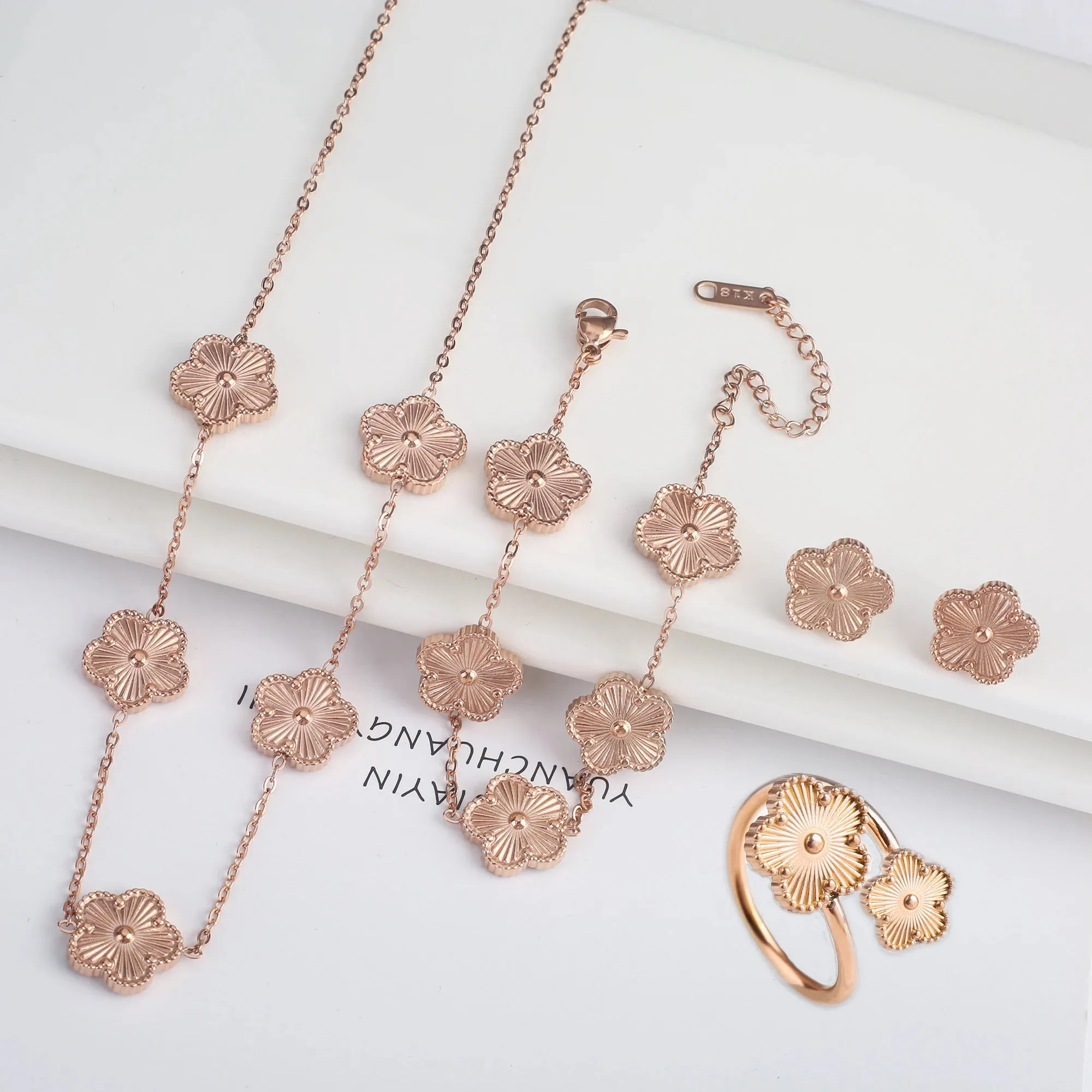 Five Leaf Flower Jewelry Set  Stainless Steel Necklace, Bracelet, Earrings & Ring for Women (4-Piece Luxury Set)
