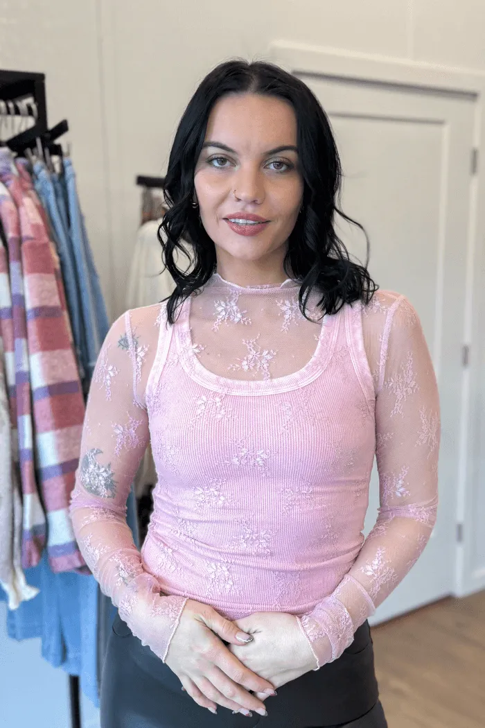 High Neck Lace Fitted Top in Pink