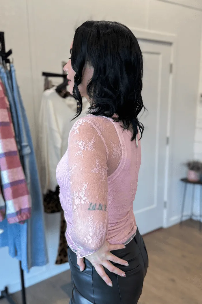 High Neck Lace Fitted Top in Pink