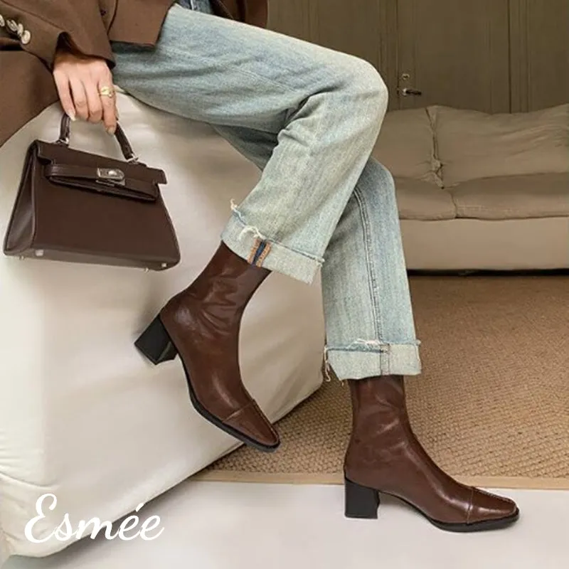 Leather Ankle Boots with 5.5 cm Block Heels