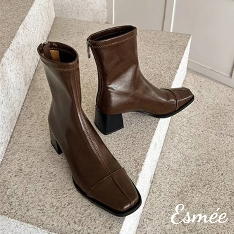 Leather Ankle Boots with 5.5 cm Block Heels