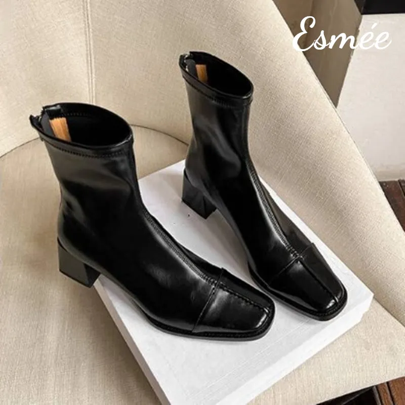 Leather Ankle Boots with 5.5 cm Block Heels