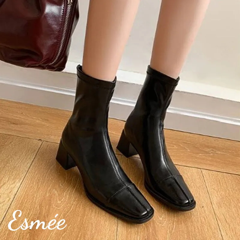 Leather Ankle Boots with 5.5 cm Block Heels