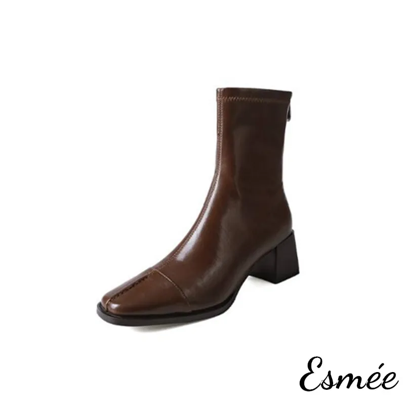 Leather Ankle Boots with 5.5 cm Block Heels