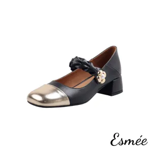 Leather Mary Jane with Golden Flower and Toe Cap Design