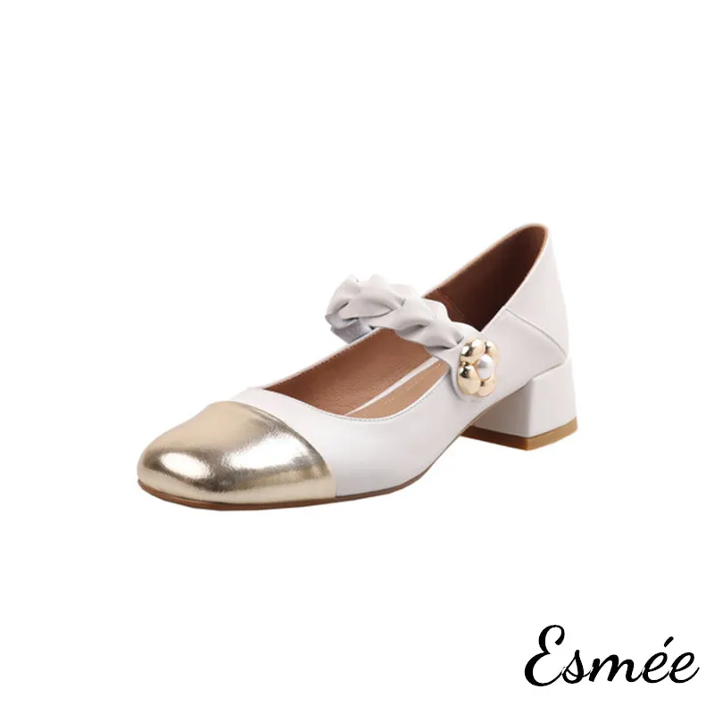 Leather Mary Jane with Golden Flower and Toe Cap Design