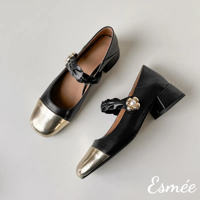 Leather Mary Jane with Golden Flower and Toe Cap Design