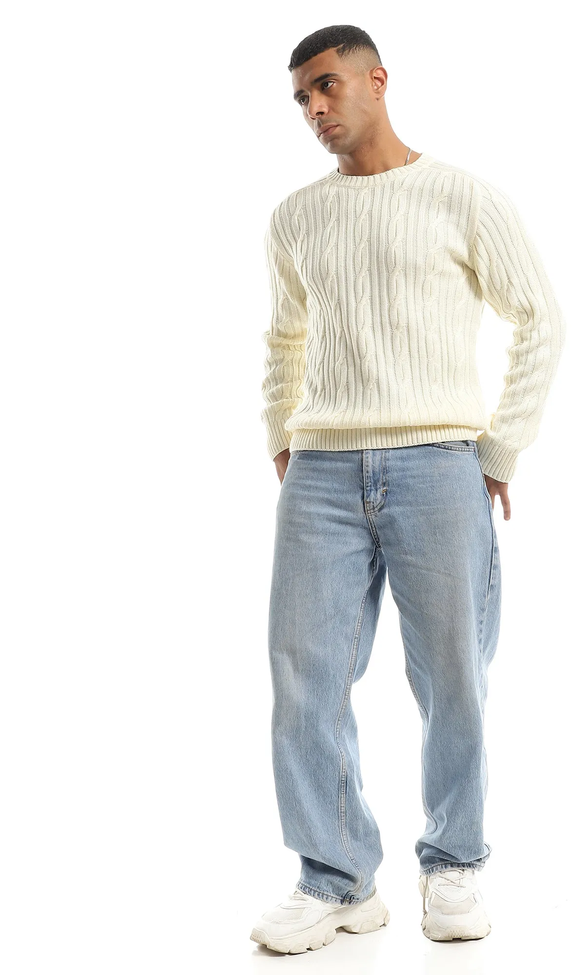 O151316 Cream Wide Ribs Slip On Acrylic Pullover
