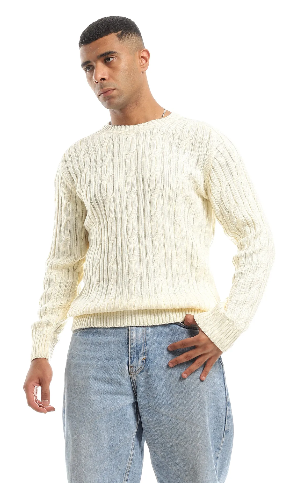 O151316 Cream Wide Ribs Slip On Acrylic Pullover