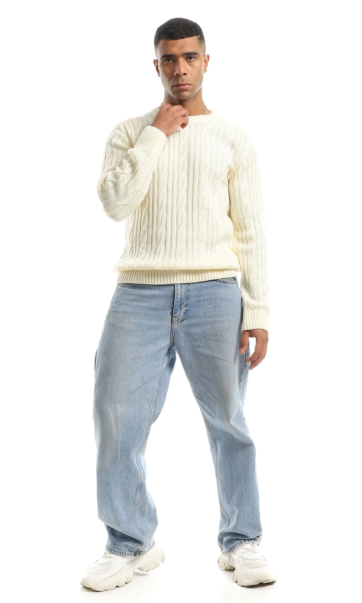 O151316 Cream Wide Ribs Slip On Acrylic Pullover